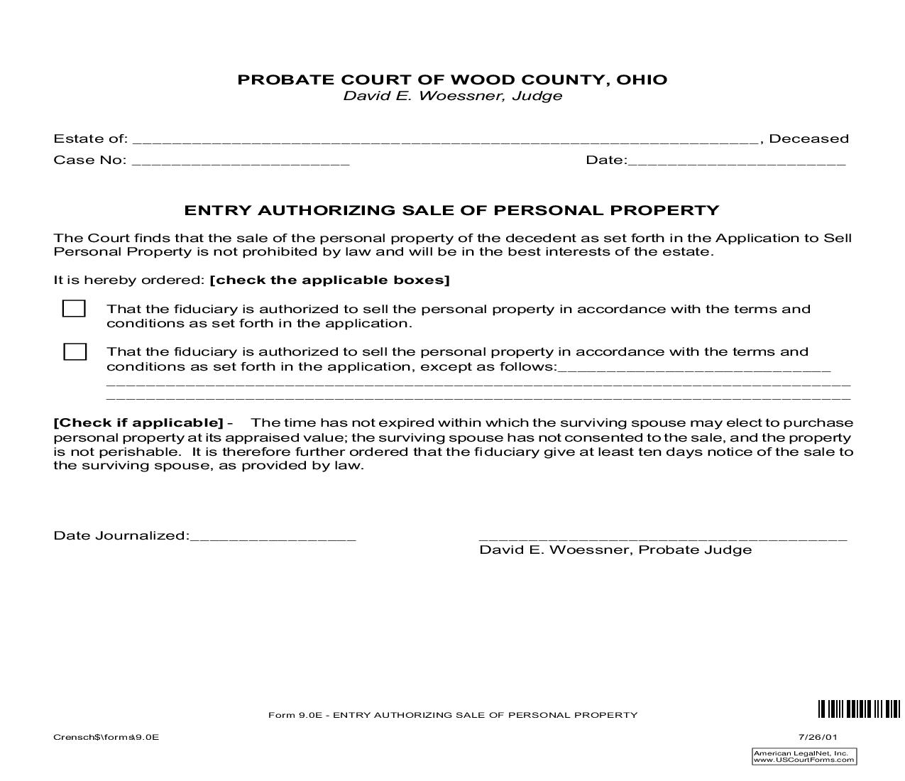 Entry Authorizing Sale Of Personal Property {9.0E} | Pdf Fpdf Doc Docx | Ohio