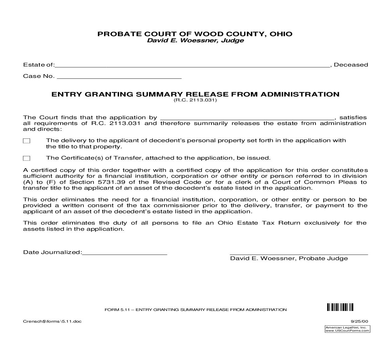 Entry Granting Summary Release From Administration {5.11} | Pdf Fpdf Doc Docx | Ohio