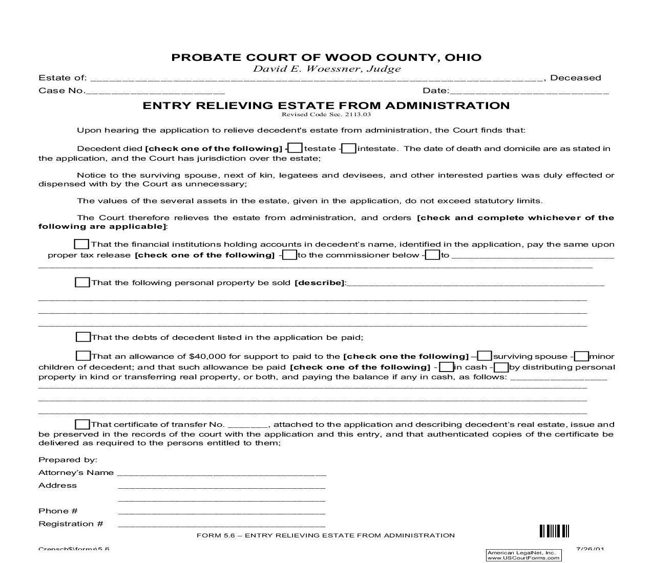 Entry Relieving Estate From Administration {5.6} | Pdf Fpdf Doc Docx | Ohio