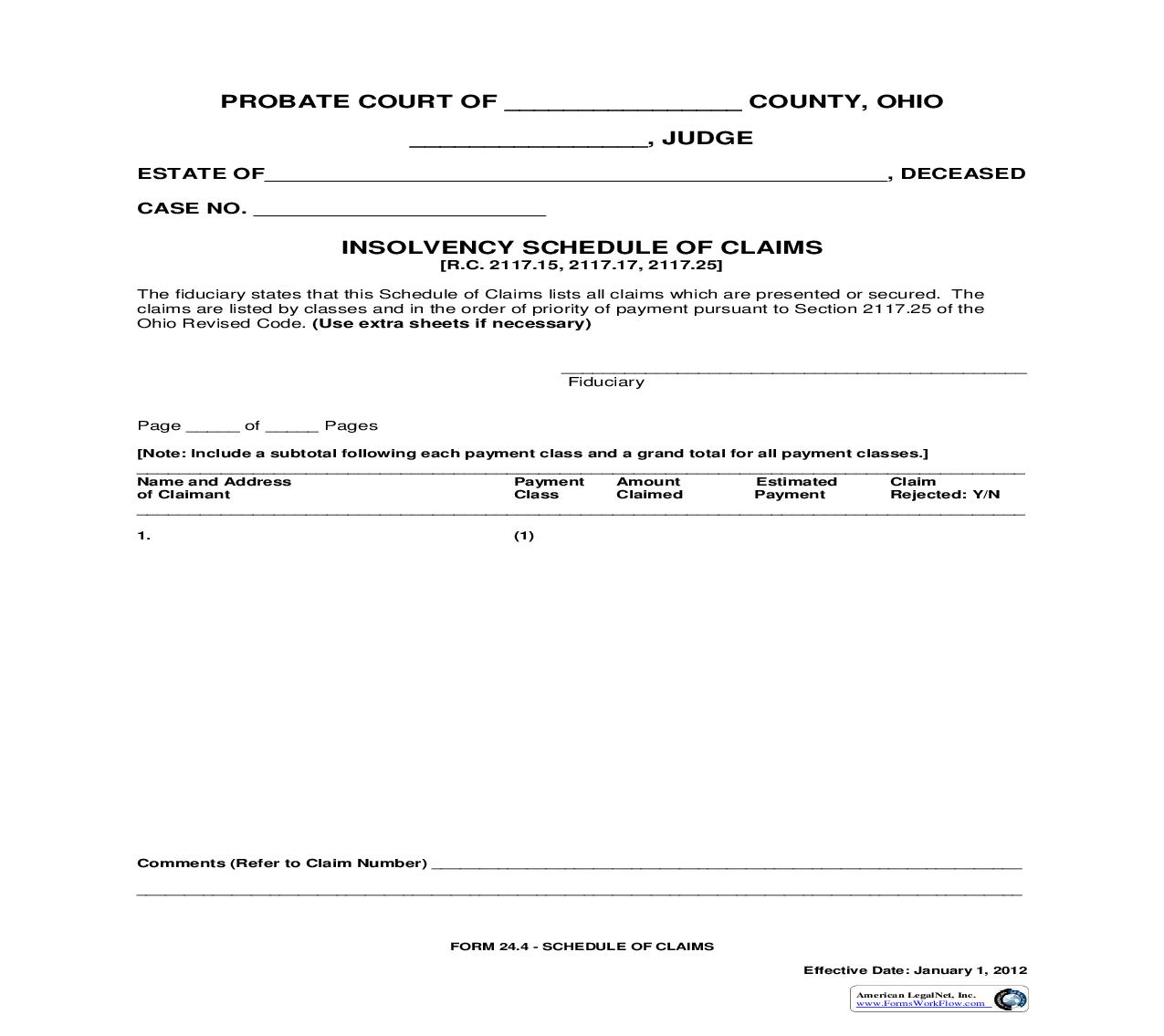 Insolvency Schedule Of Claims {24.4} | Pdf Fpdf Doc Docx | Ohio