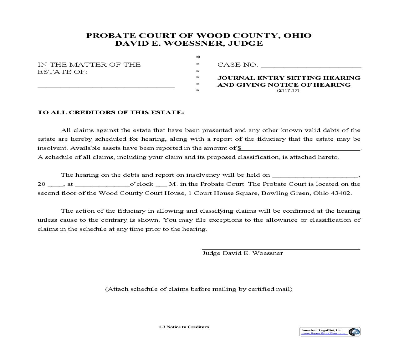 Journal Entry Setting Hearing And Giving Notice Of Hearing {1.3} | Pdf Fpdf Doc Docx | Ohio