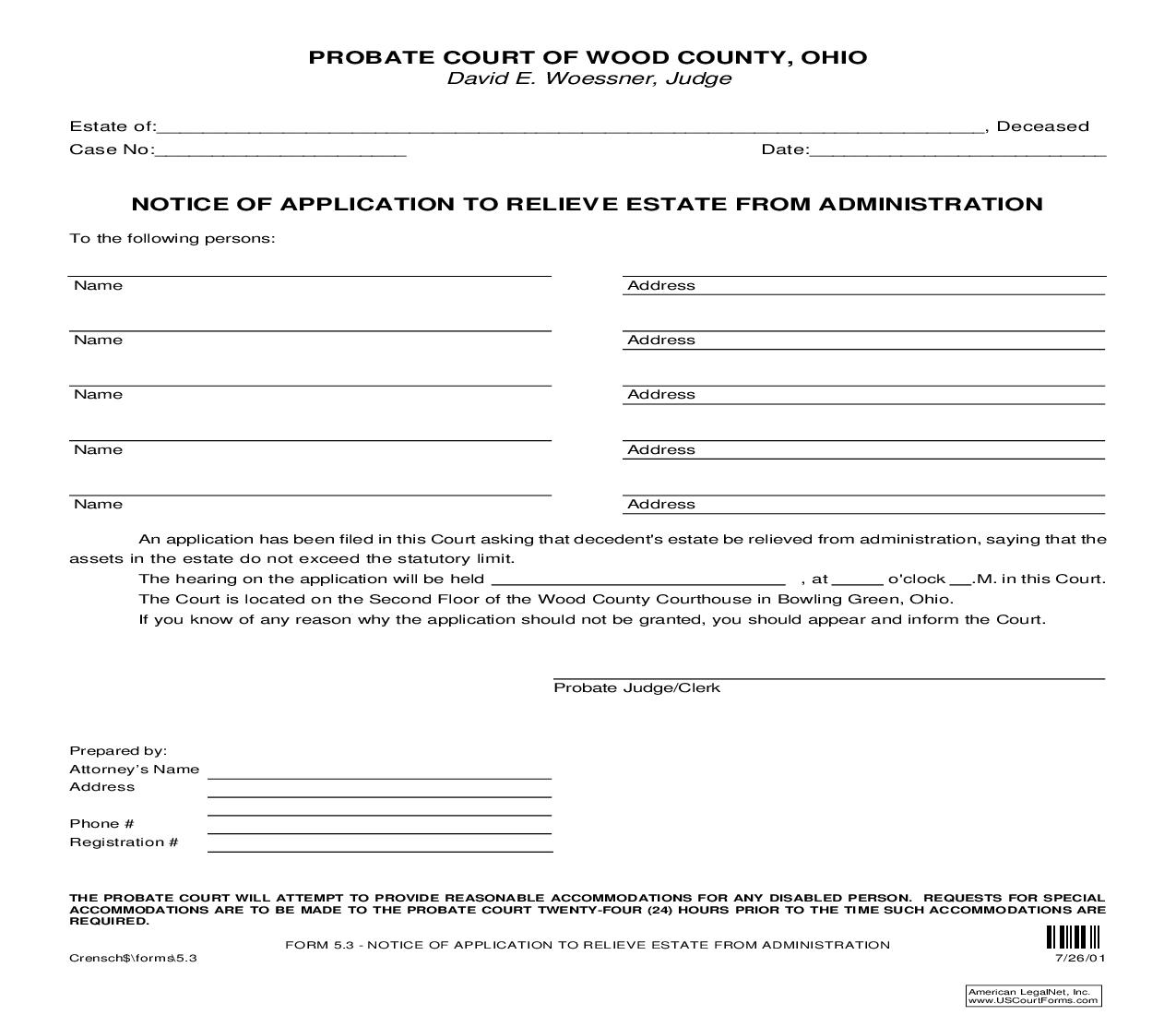 Notice Of Application To Relieve Estate From Administration {5.3} | Pdf Fpdf Doc Docx | Ohio