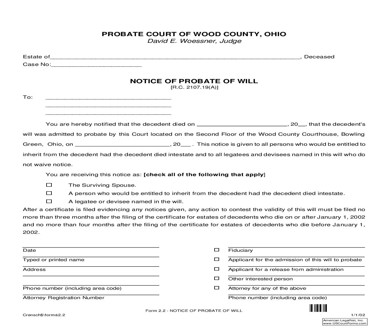 Notice Of Probate Of Will {2.2} | Pdf Fpdf Doc Docx | Ohio