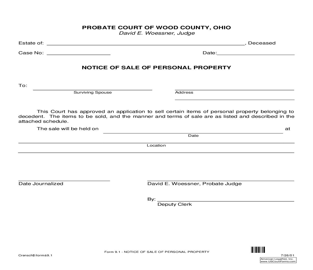 Notice Of Sale Of Personal Property {9.1} | Pdf Fpdf Doc Docx | Ohio