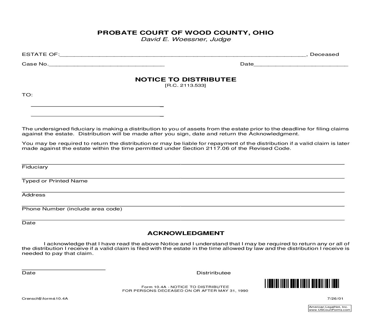 Notice To Distributee {10.4A} | Pdf Fpdf Doc Docx | Ohio