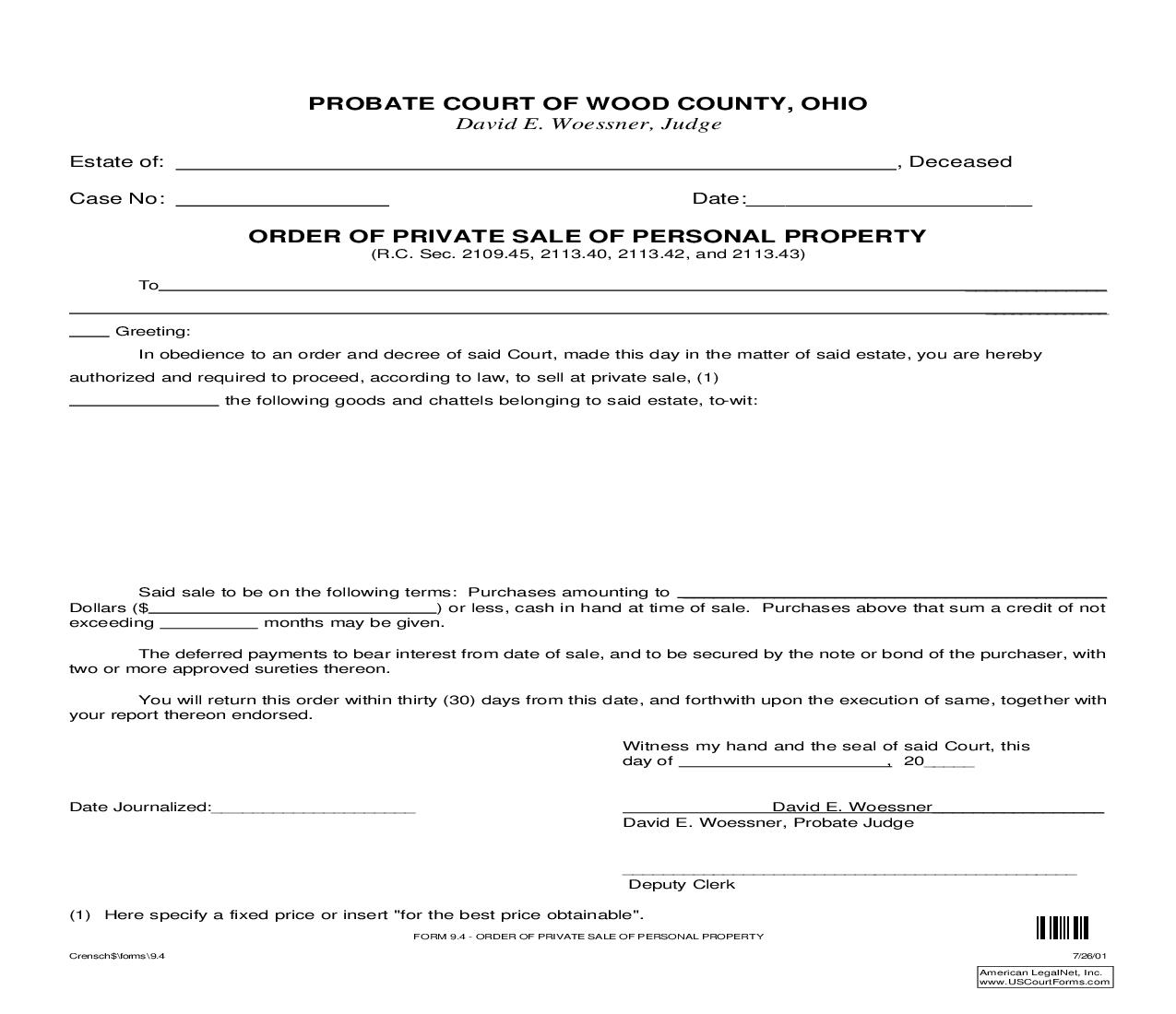 Order Of Private Sale Of Personal Property {9.4} | Pdf Fpdf Doc Docx | Ohio