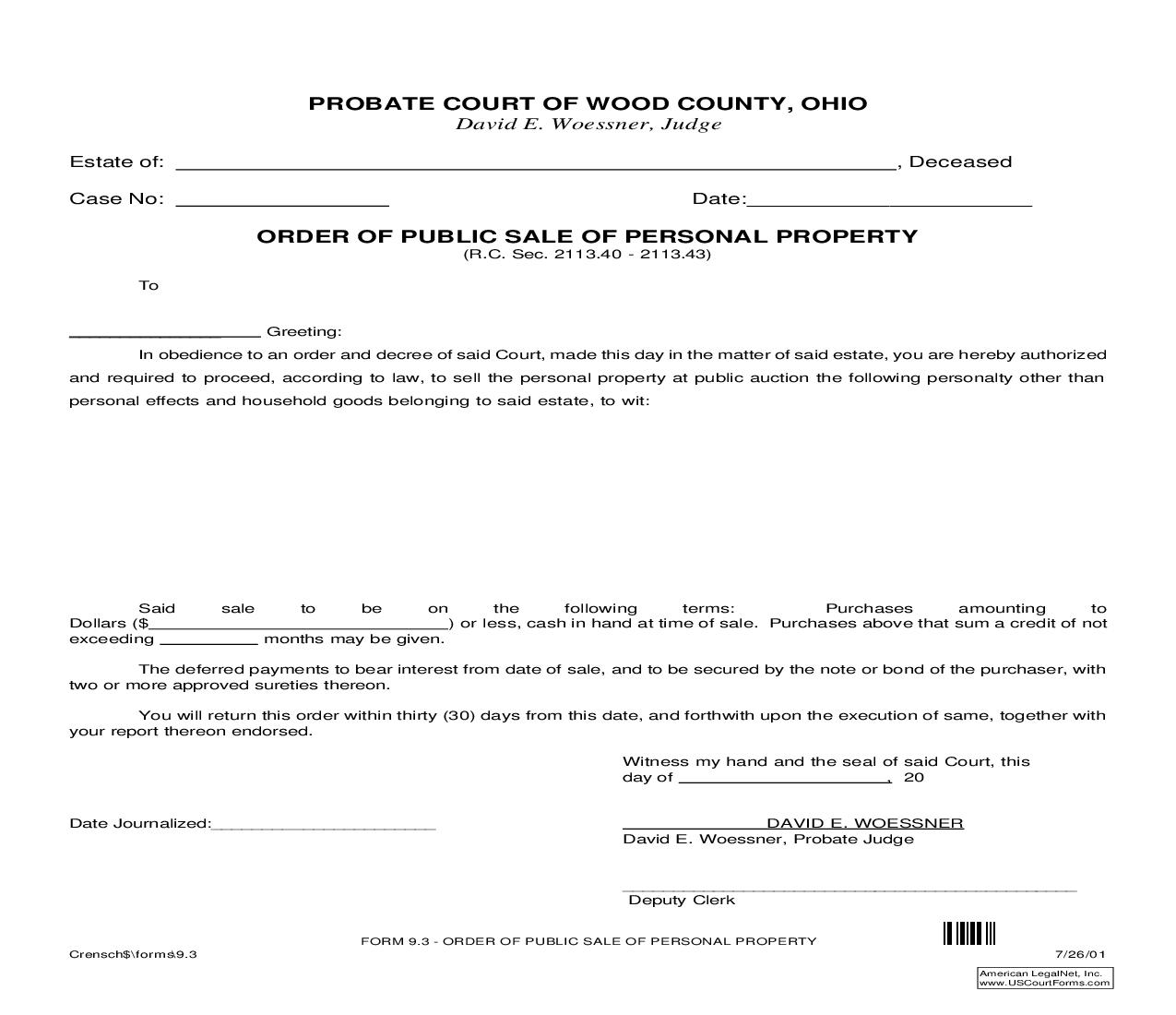 Order Of Publice Sale Of Personal Property {9.3} | Pdf Fpdf Doc Docx | Ohio