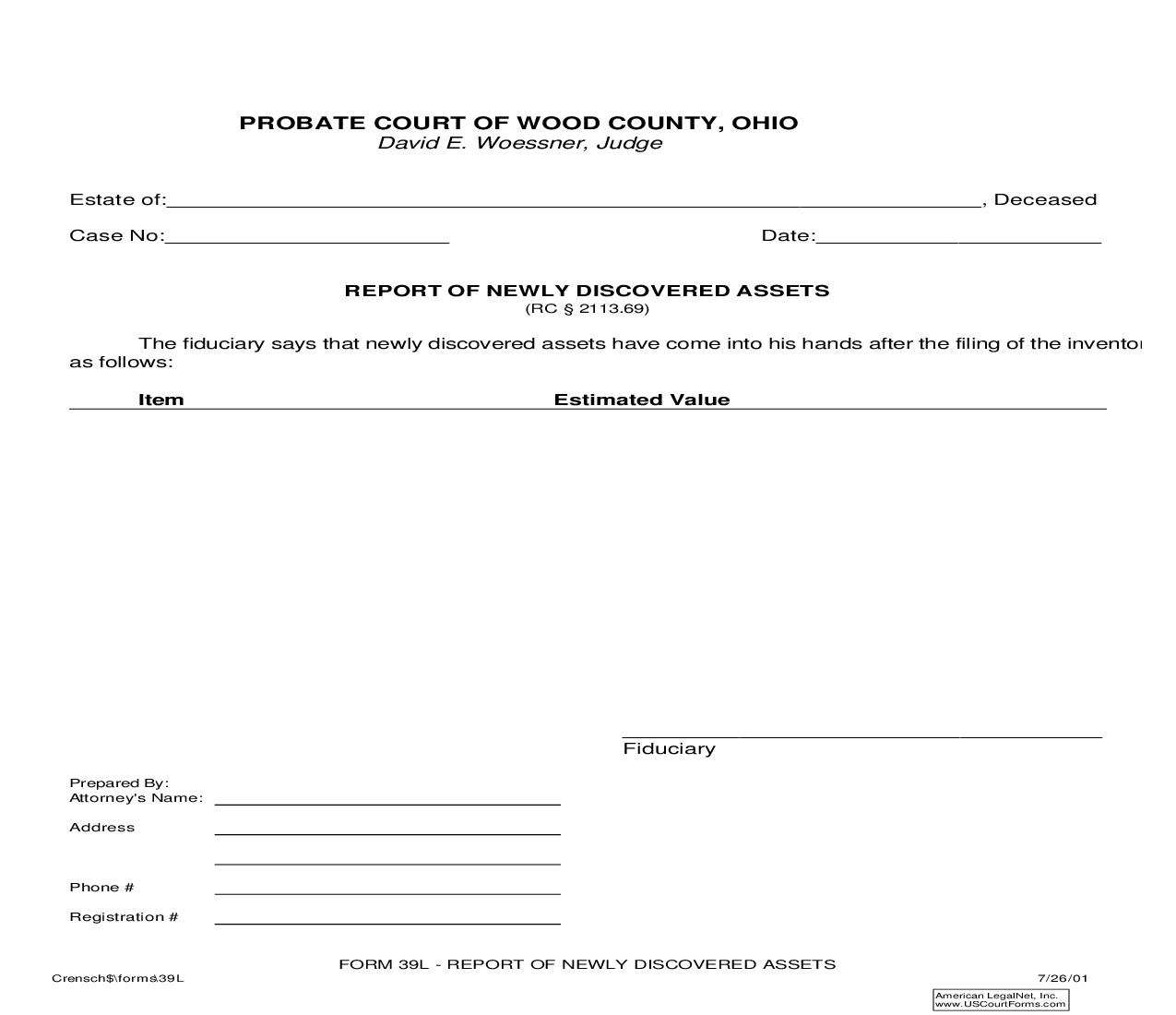 Report Of Newly Discovered Assets {39L} | Pdf Fpdf Doc Docx | Ohio