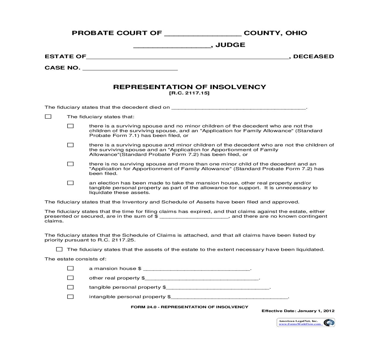 Representation Of Insolvency  {24.0} | Pdf Fpdf Doc Docx | Ohio