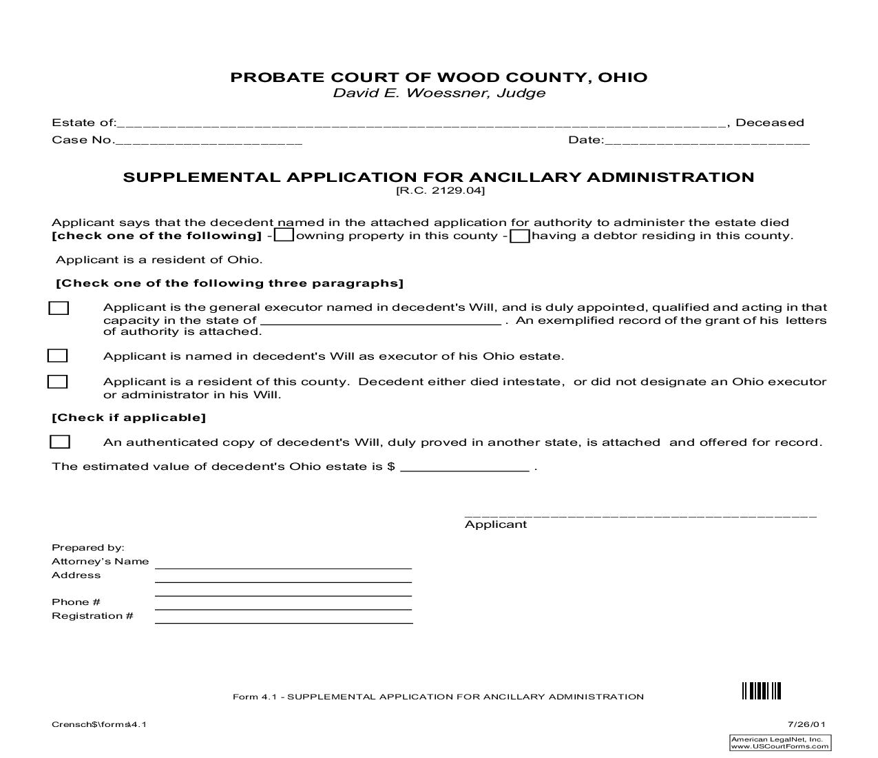 Supplemental Application For Ancillary Administration {4.1} | Pdf Fpdf Doc Docx | Ohio