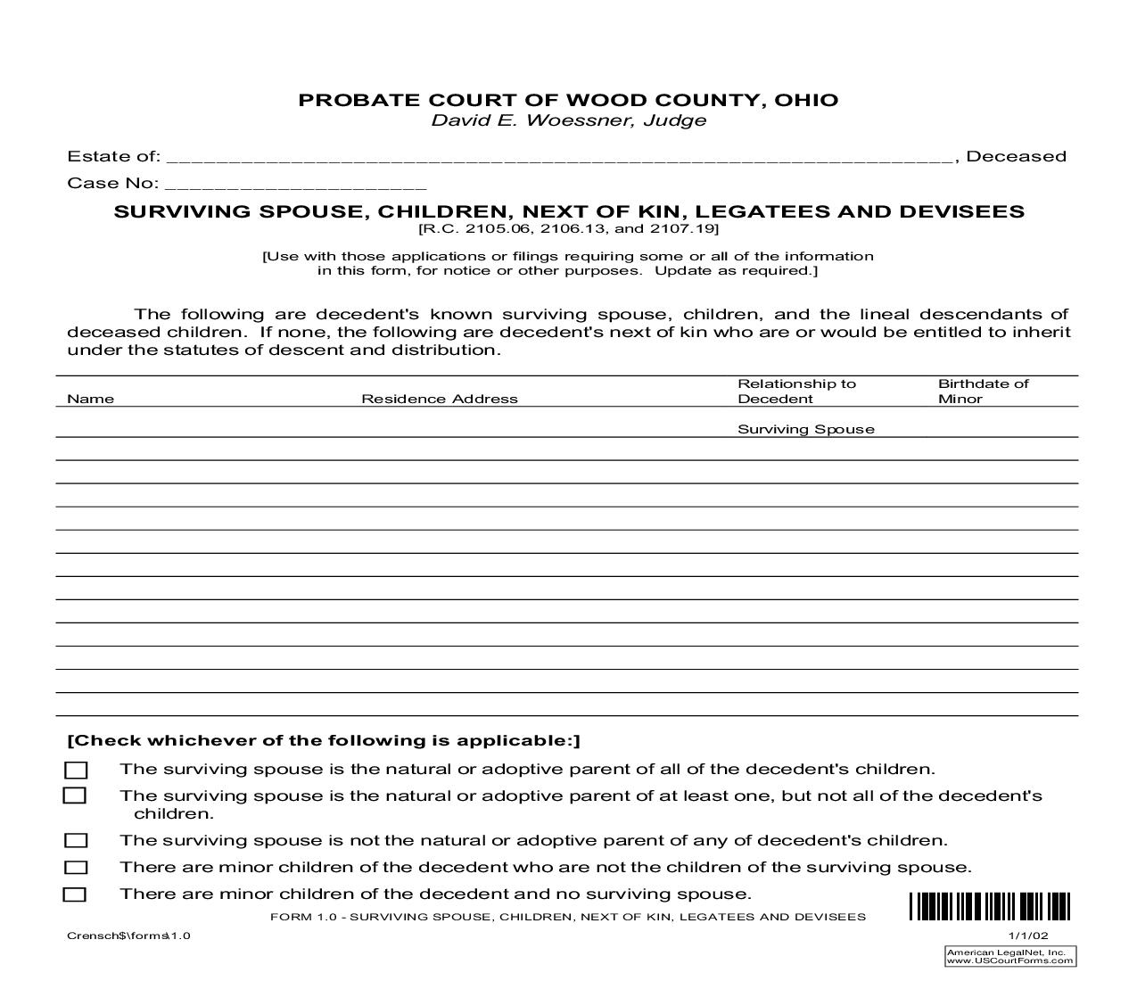 Surviving Spouse Children Next Of Kin Legatees And Devisees {1.0} | Pdf Fpdf Doc Docx | Ohio