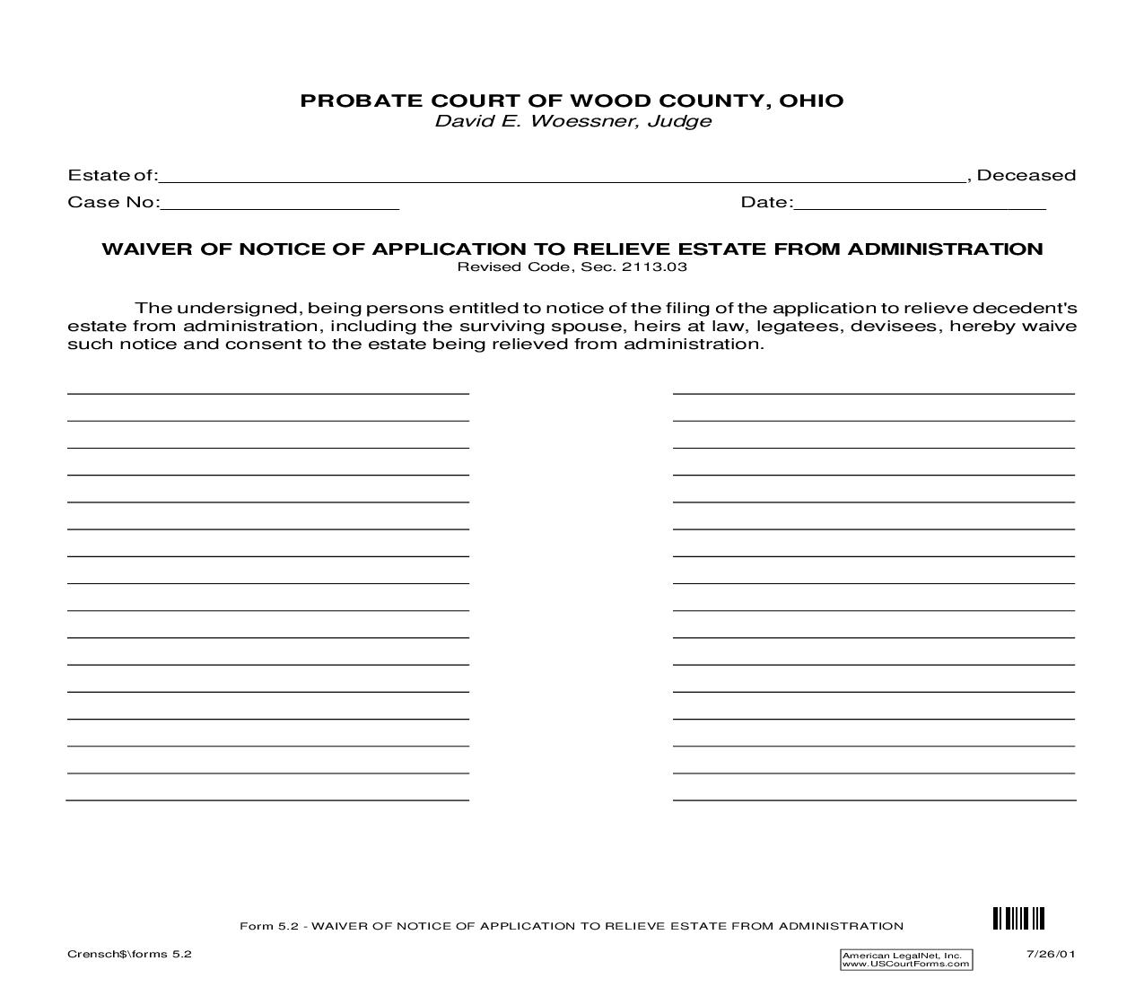 Waiver Of Notice Of Application To Relieve Estate From Administration {5.2} | Pdf Fpdf Doc Docx | Ohio