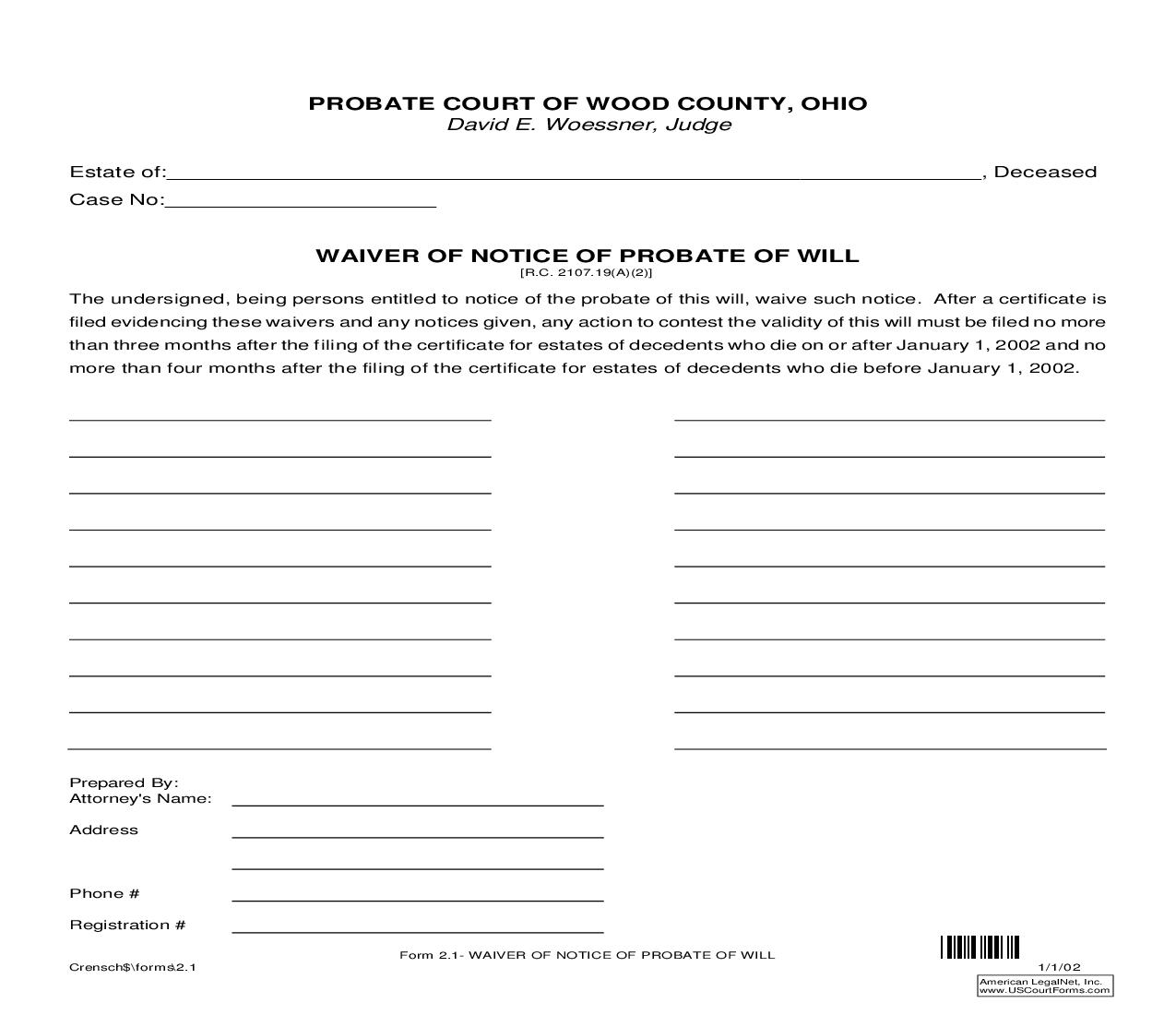 Waiver Of Notice Of Probate Of Will {2.1} | Pdf Fpdf Doc Docx | Ohio