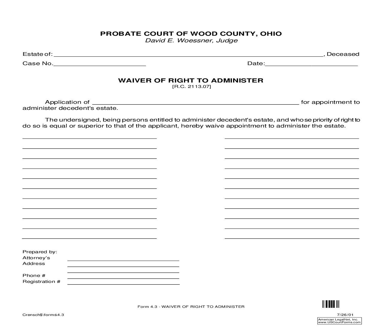 Waiver Of Right To Administer {4.3} | Pdf Fpdf Doc Docx | Ohio