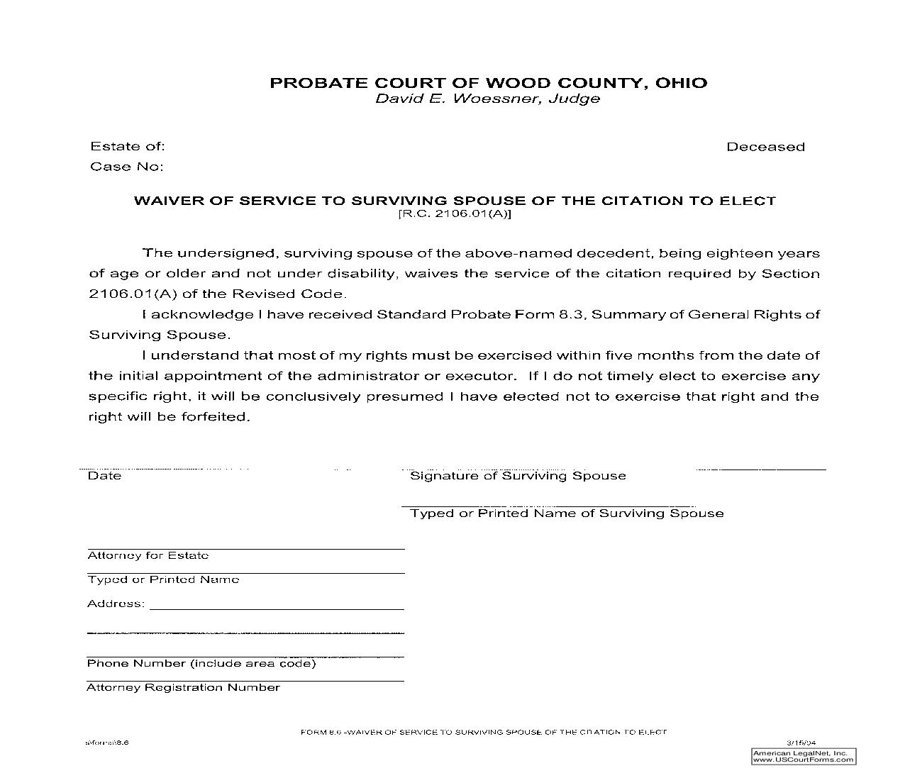 Waiver Of Service To Surviving Spouse Of The Citation To Elect {8.6} | Pdf Fpdf Doc Docx | Ohio