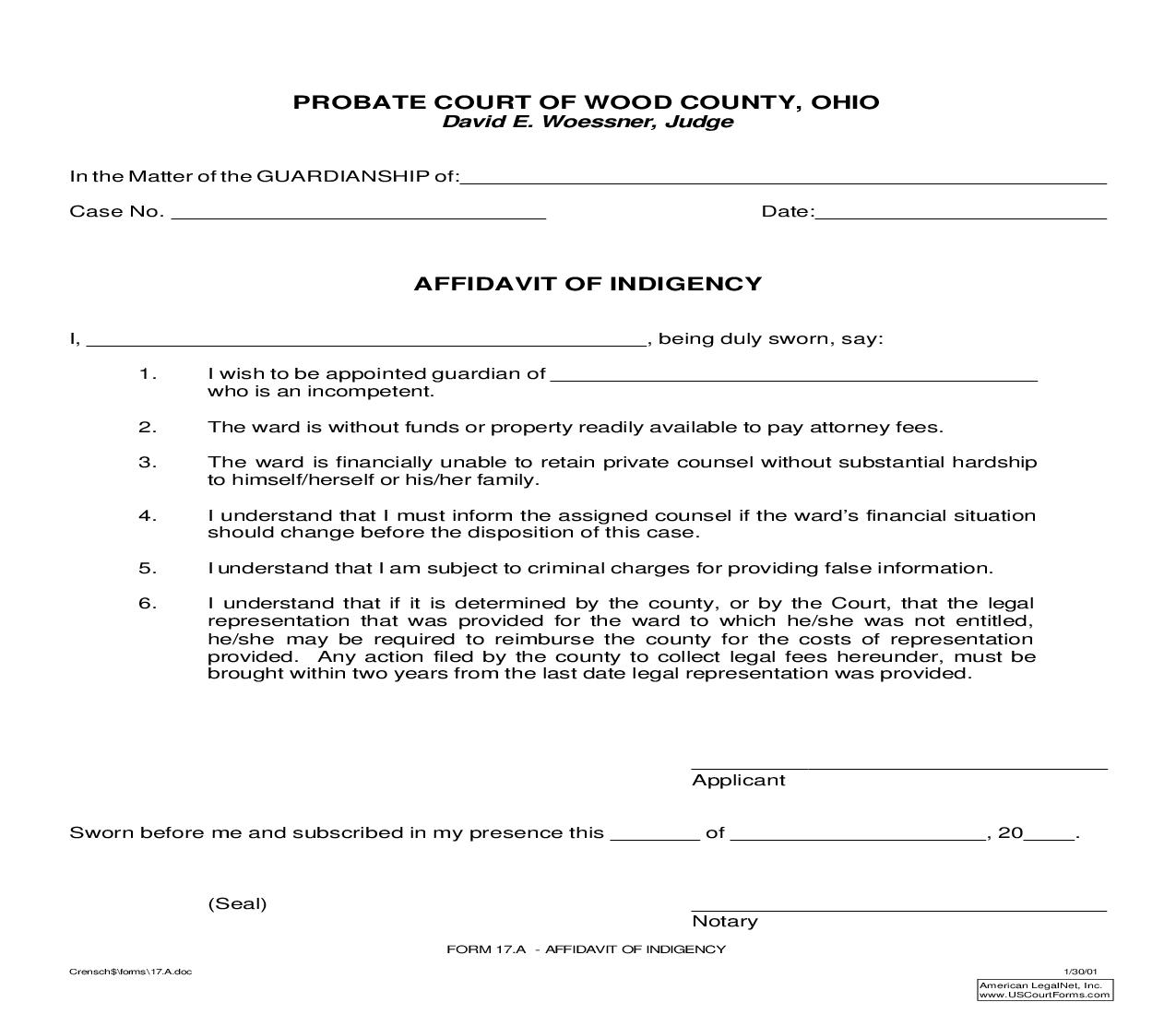 Affidavit Of Indigency {17.A} | Pdf Fpdf Doc Docx | Ohio