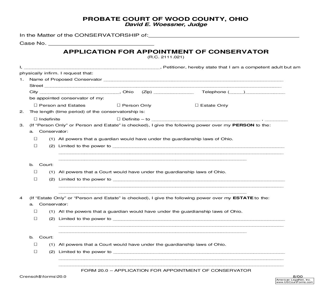 Application For Appointment Of Conservator {20.0} | Pdf Fpdf Doc Docx | Ohio