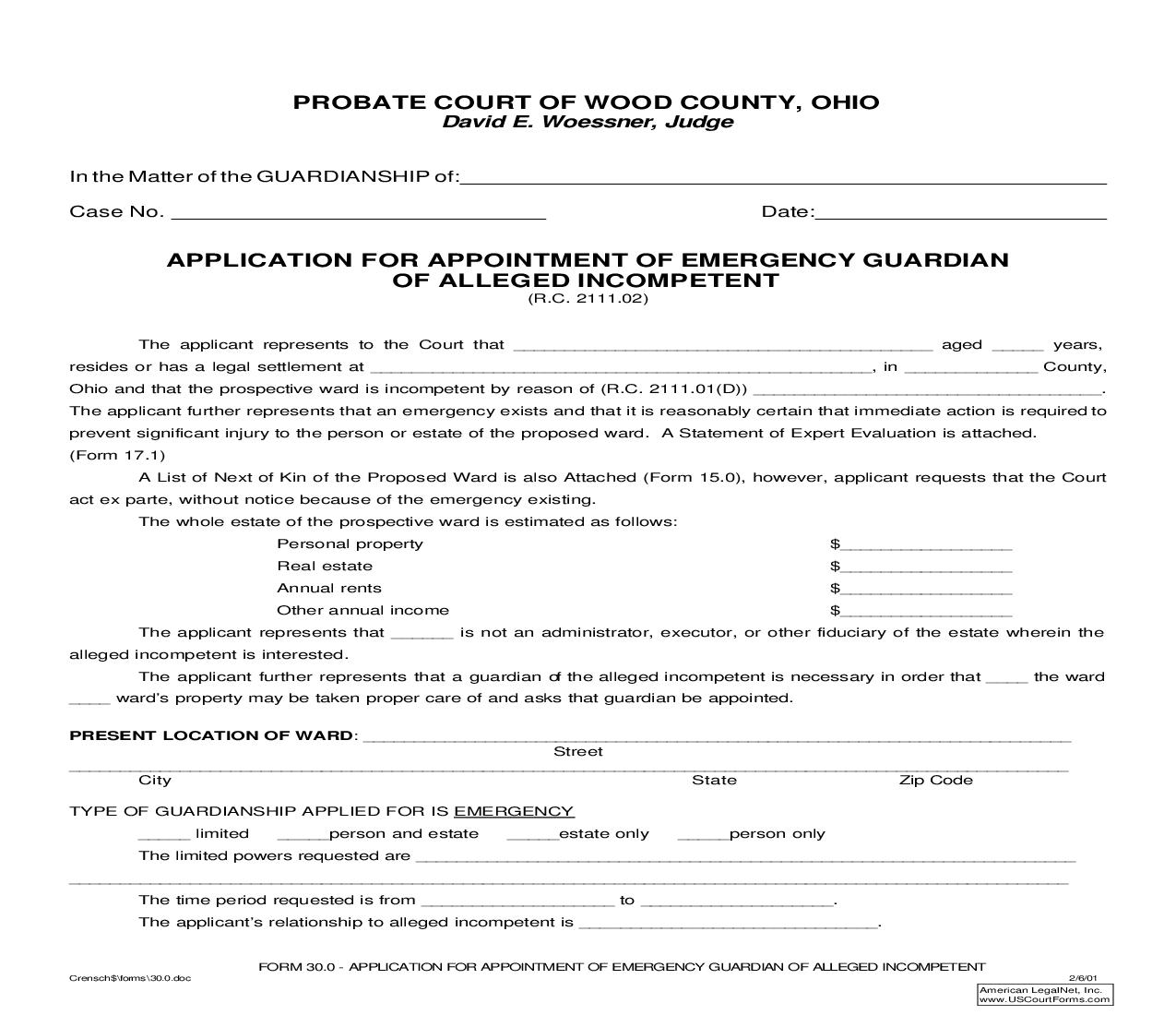 Application For Appointment Of Emergency Guardian Of Alleged Incompetent {30.0} | Pdf Fpdf Doc Docx | Ohio