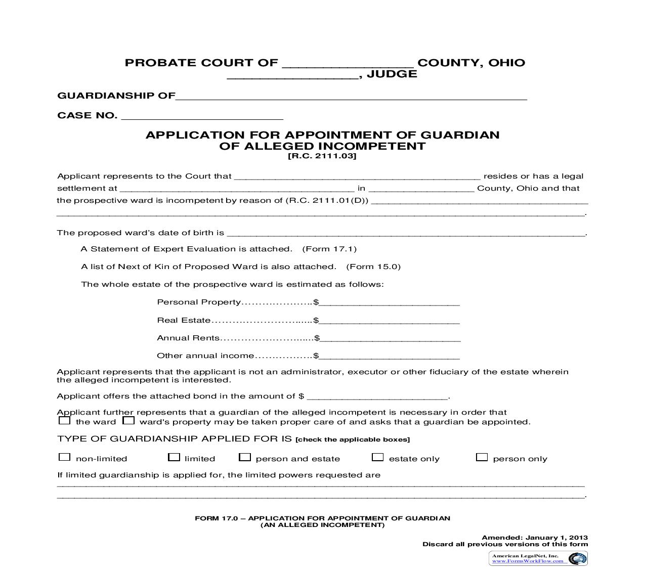 Application For Appointment Of Guardian Of Alleged Incompetent {17.0} | Pdf Fpdf Doc Docx | Ohio