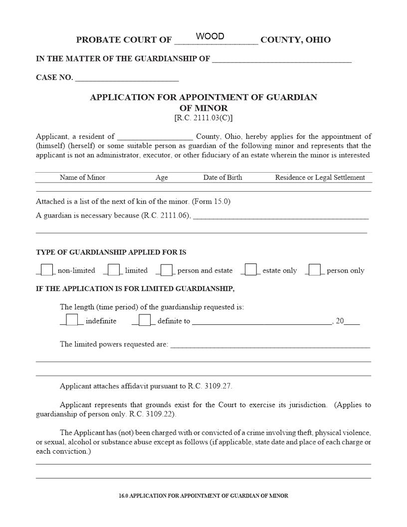 Application For Appointment Of Guardian Of Minor {16.0} | Pdf Fpdf Doc Docx | Ohio