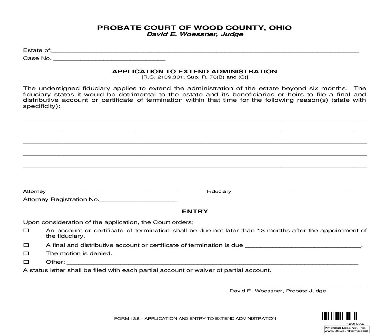 Application To Extend Administration {13.8} | Pdf Fpdf Doc Docx | Ohio