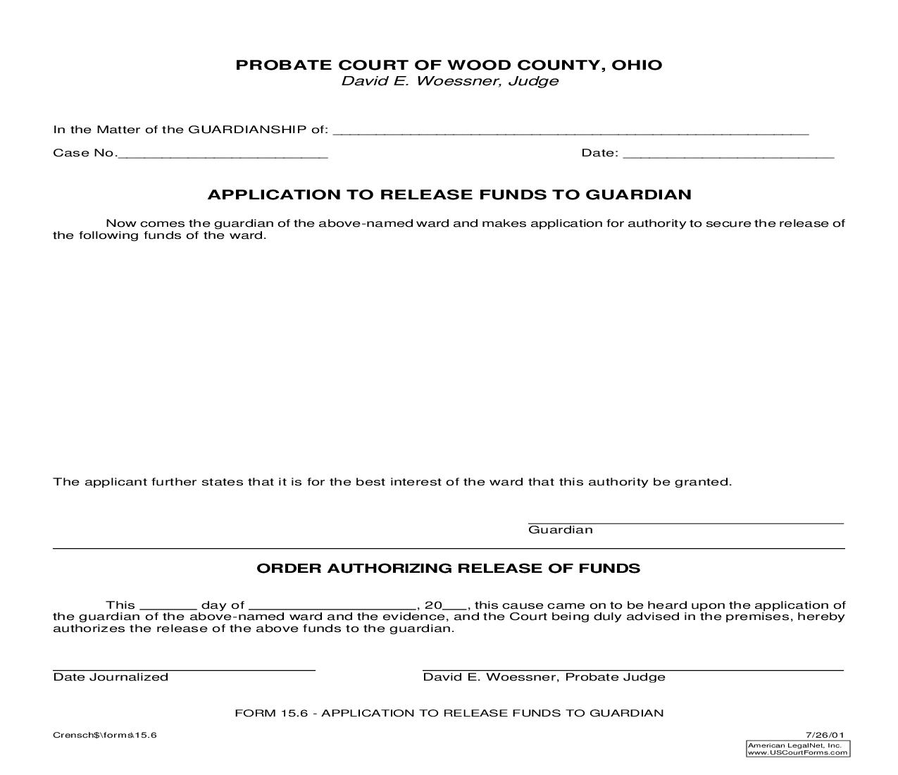 Application To Release Funds To Guardian {15.6} | Pdf Fpdf Doc Docx | Ohio