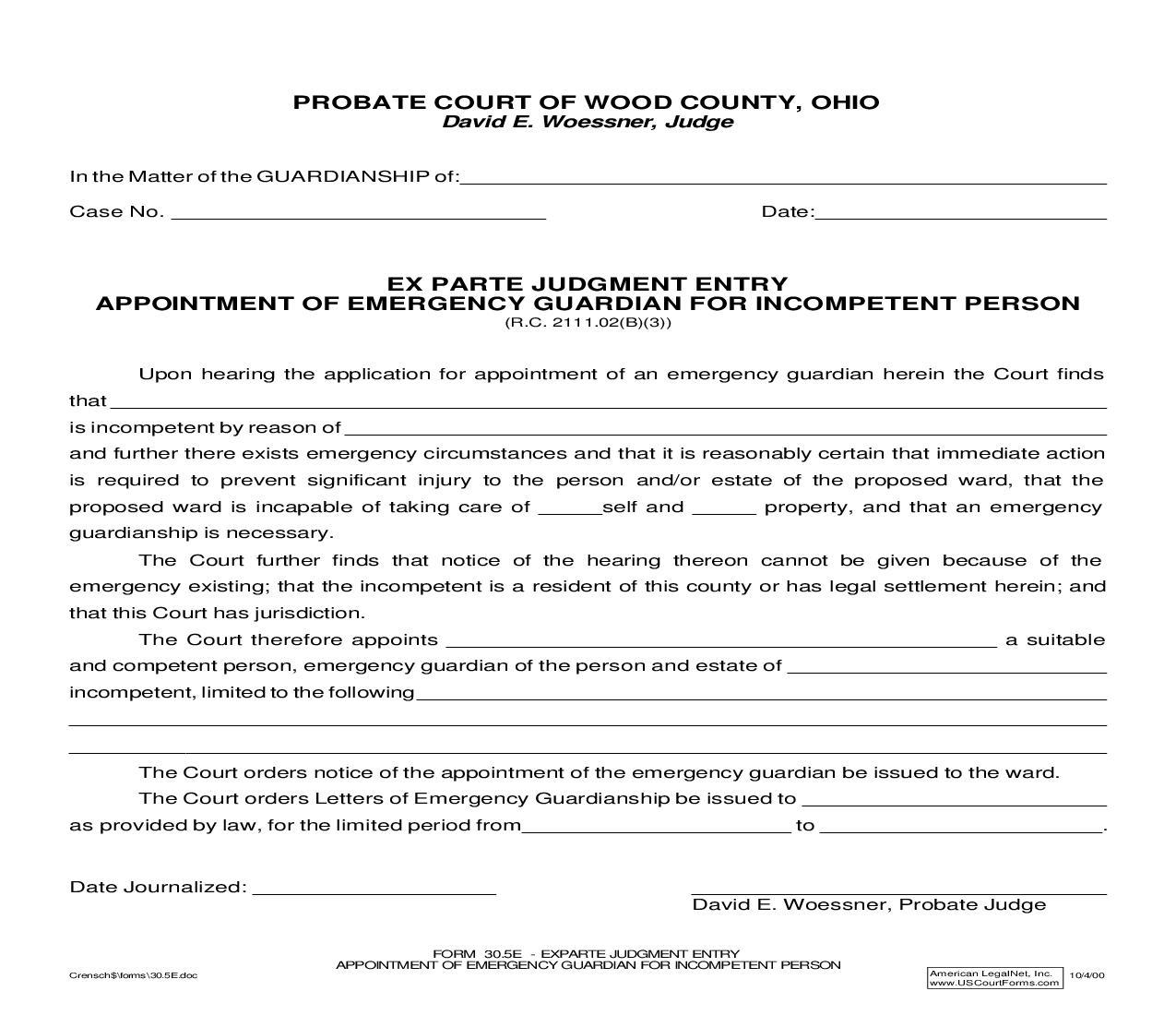 Ex Parte Judgment Entry Appointment Of Emergency Guardian For Incompetent Person {30.5E} | Pdf Fpdf Doc Docx | Ohio