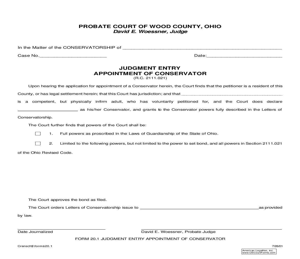 Judgment Entry Appointment Of Conservator {20.1} | Pdf Fpdf Doc Docx | Ohio