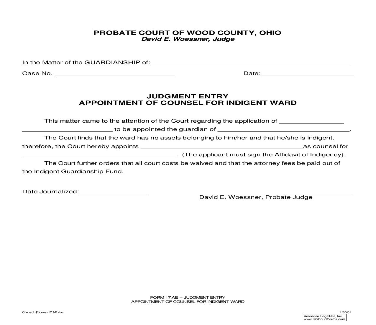 Judgment Entry Appointment Of Counsel For Indigent Ward {17.AE} | Pdf Fpdf Doc Docx | Ohio