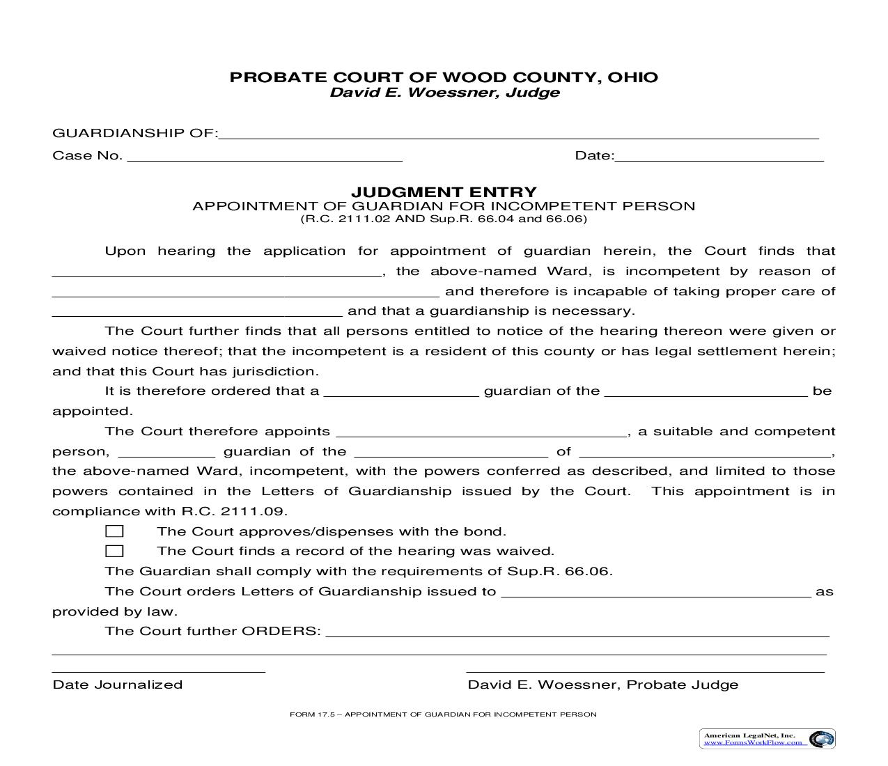 Judgment Entry Appointment Of Guardian For Incompetent Person {17.5} | Pdf Fpdf Doc Docx | Ohio