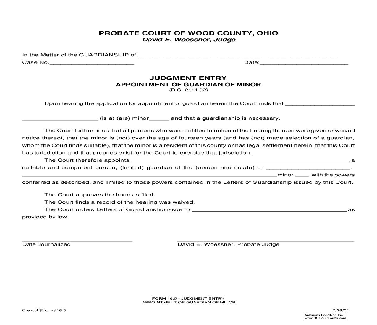 Judgment Entry Appointment Of Guardian Of Minor {16.5} | Pdf Fpdf Doc Docx | Ohio
