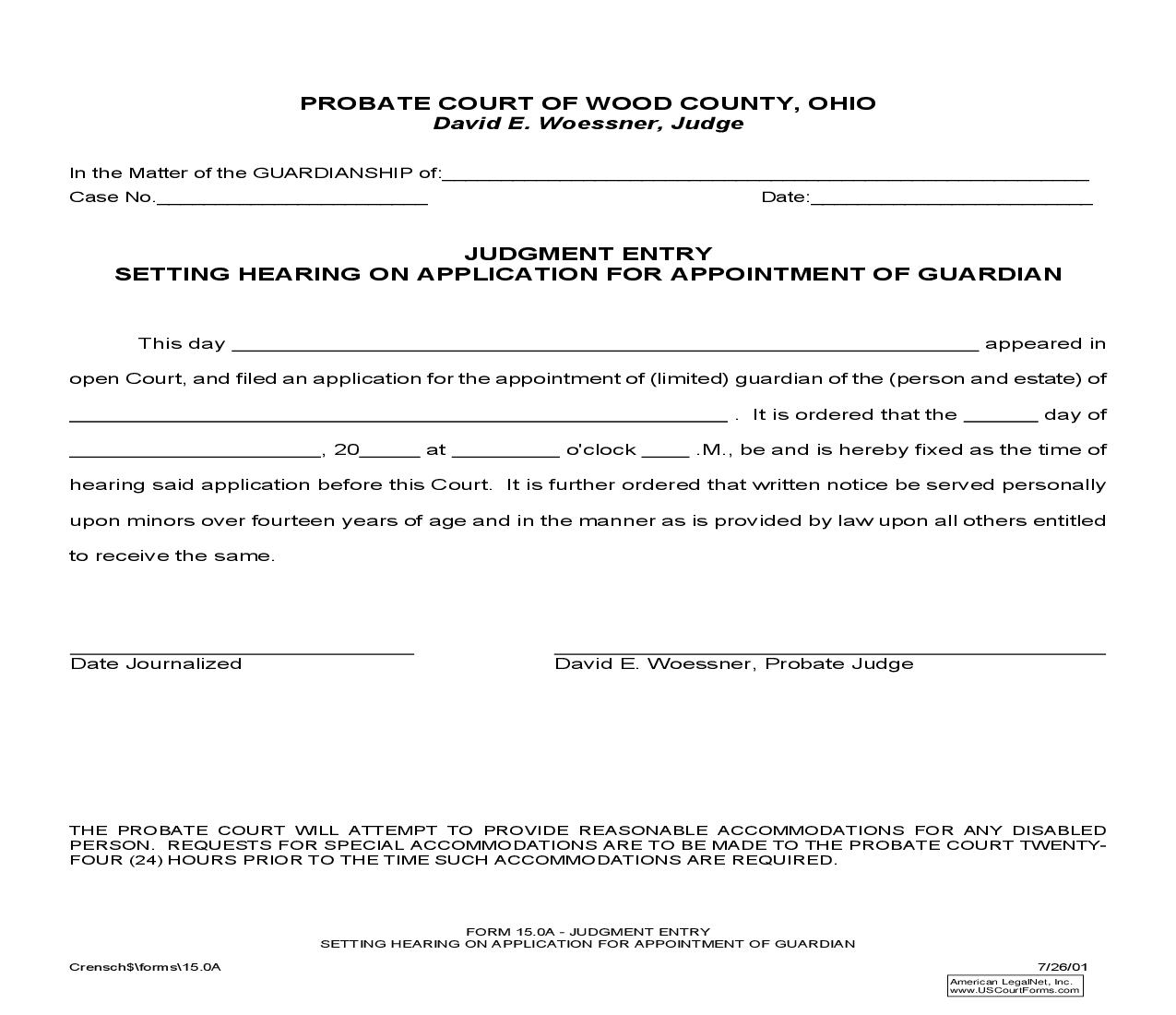 Judgment Entry Setting Hearing On Application For Appointment Of Guardian {15.0A} | Pdf Fpdf Doc Docx | Ohio