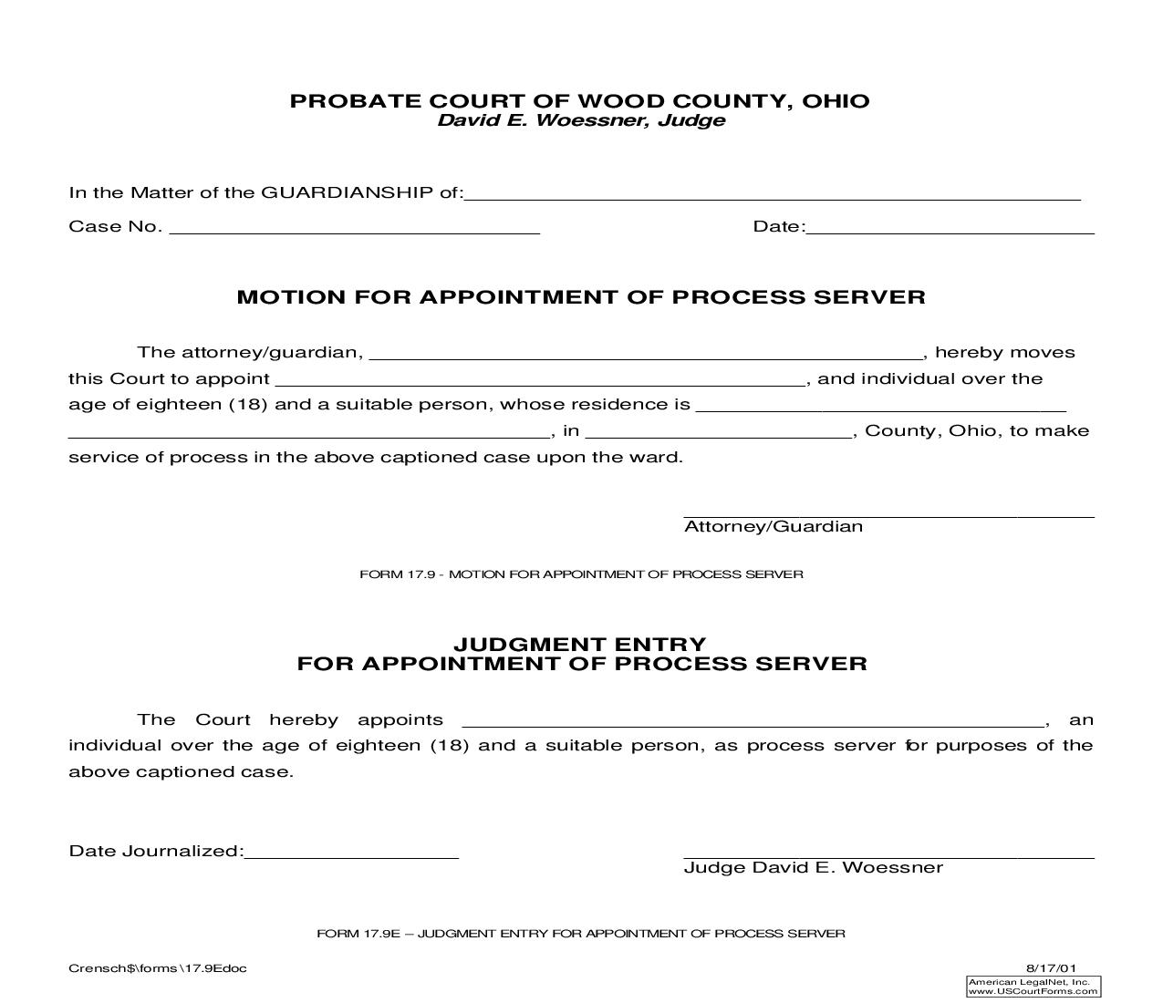 Motion For Appointment Of Process Server {17.9E} | Pdf Fpdf Doc Docx | Ohio