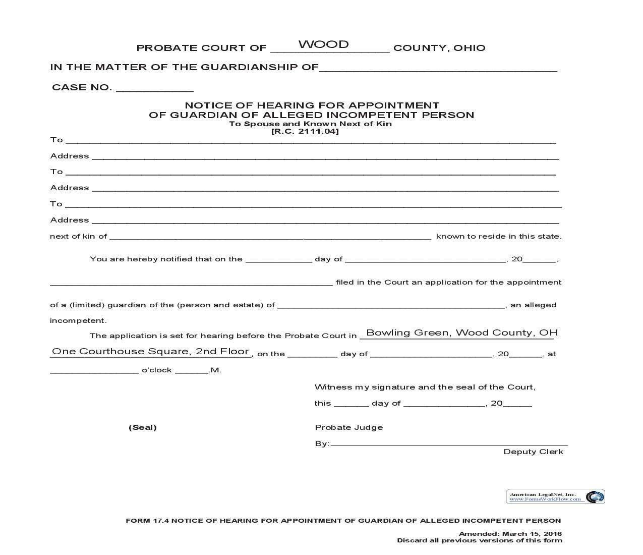 Notice Of Hearing For Appointment Of Guardian Of Alleged Incompetent Person {17.4} | Pdf Fpdf Doc Docx | Ohio
