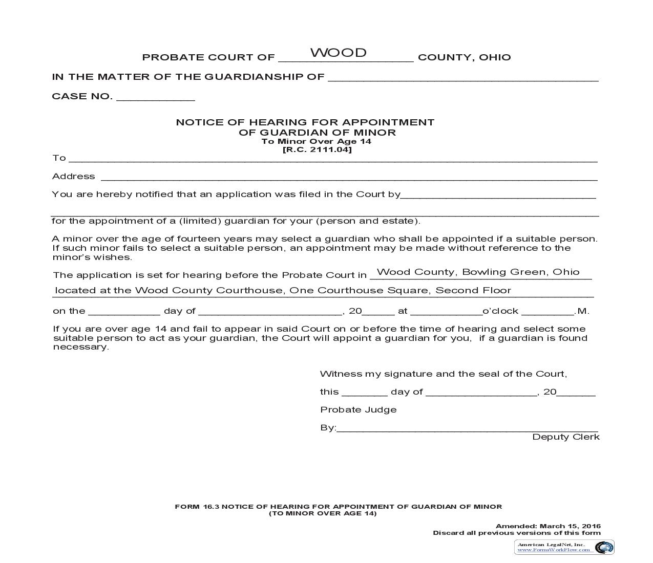 Notice Of Hearing For Appointment Of Guardian Of Minor {16.3} | Pdf Fpdf Doc Docx | Ohio