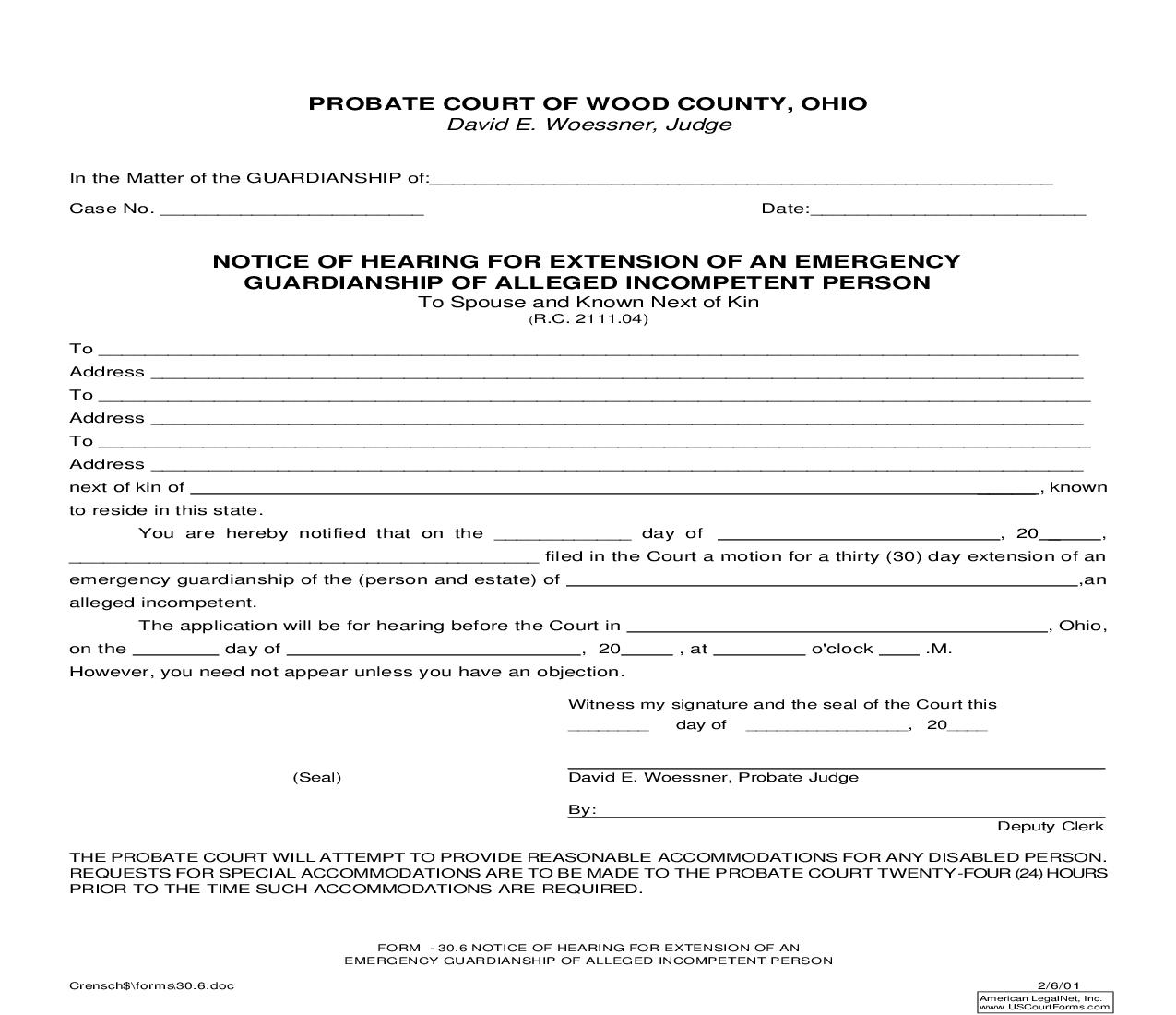 Notice Of Hearing For Extension Of An Emergency Guardianship Of Alleged Incompetent Person {30.6} | Pdf Fpdf Doc Docx | Ohio
