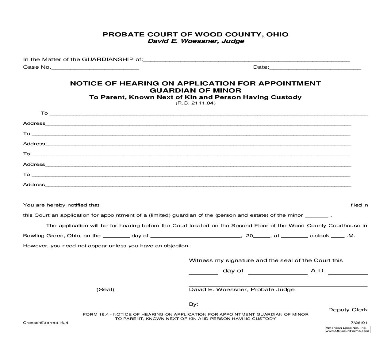 Notice Of Hearing On Application For Appointment Guardian Of Minor {16.4} | Pdf Fpdf Doc Docx | Ohio