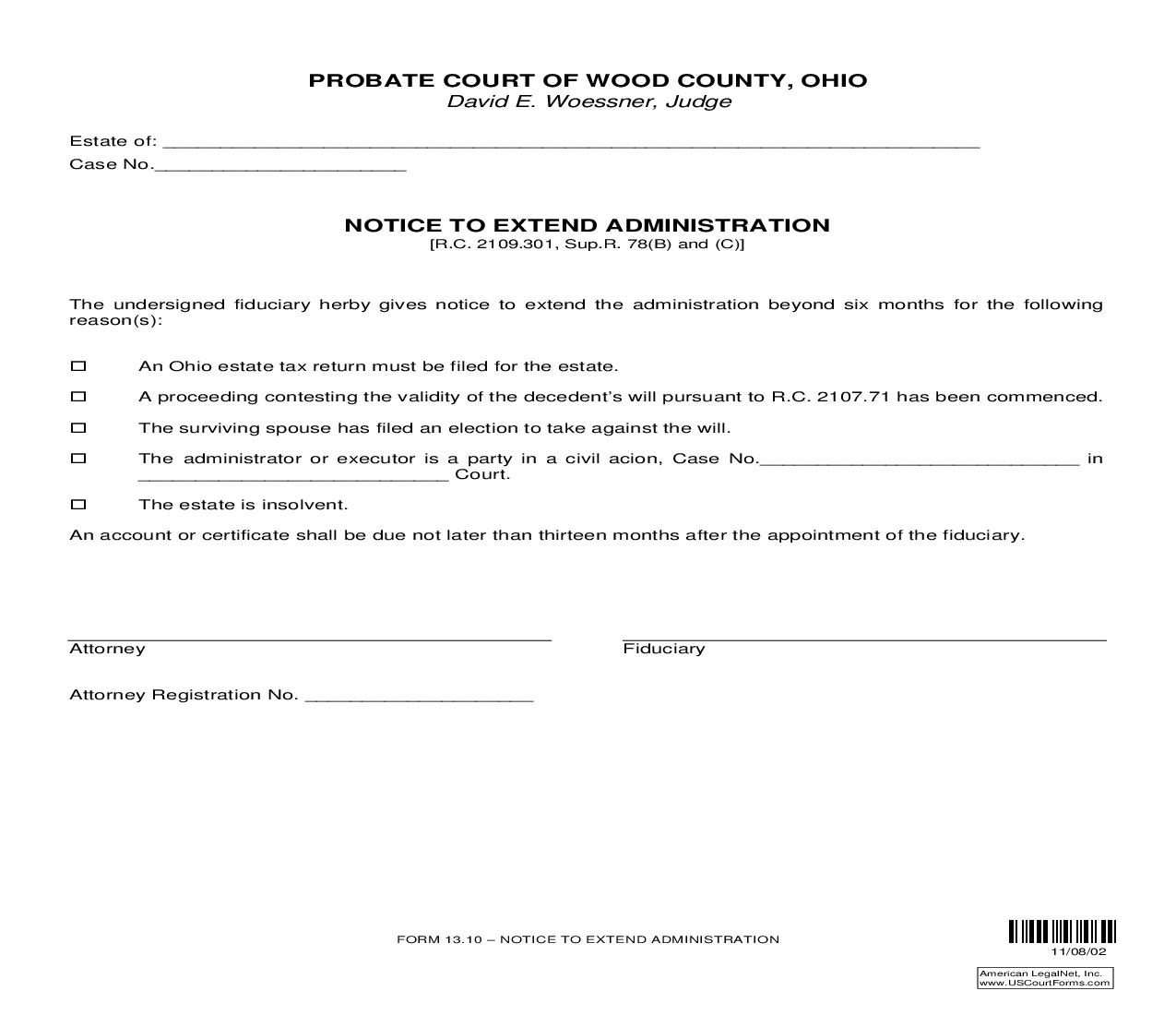 Notice To Extend Administration {13.10} | Pdf Fpdf Doc Docx | Ohio