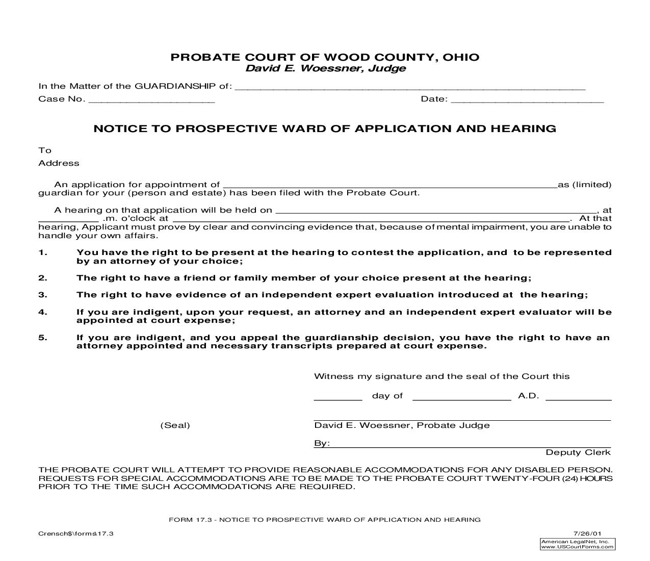Notice To Prospective Ward Of Application And Hearing {17.3} | Pdf Fpdf Doc Docx | Ohio