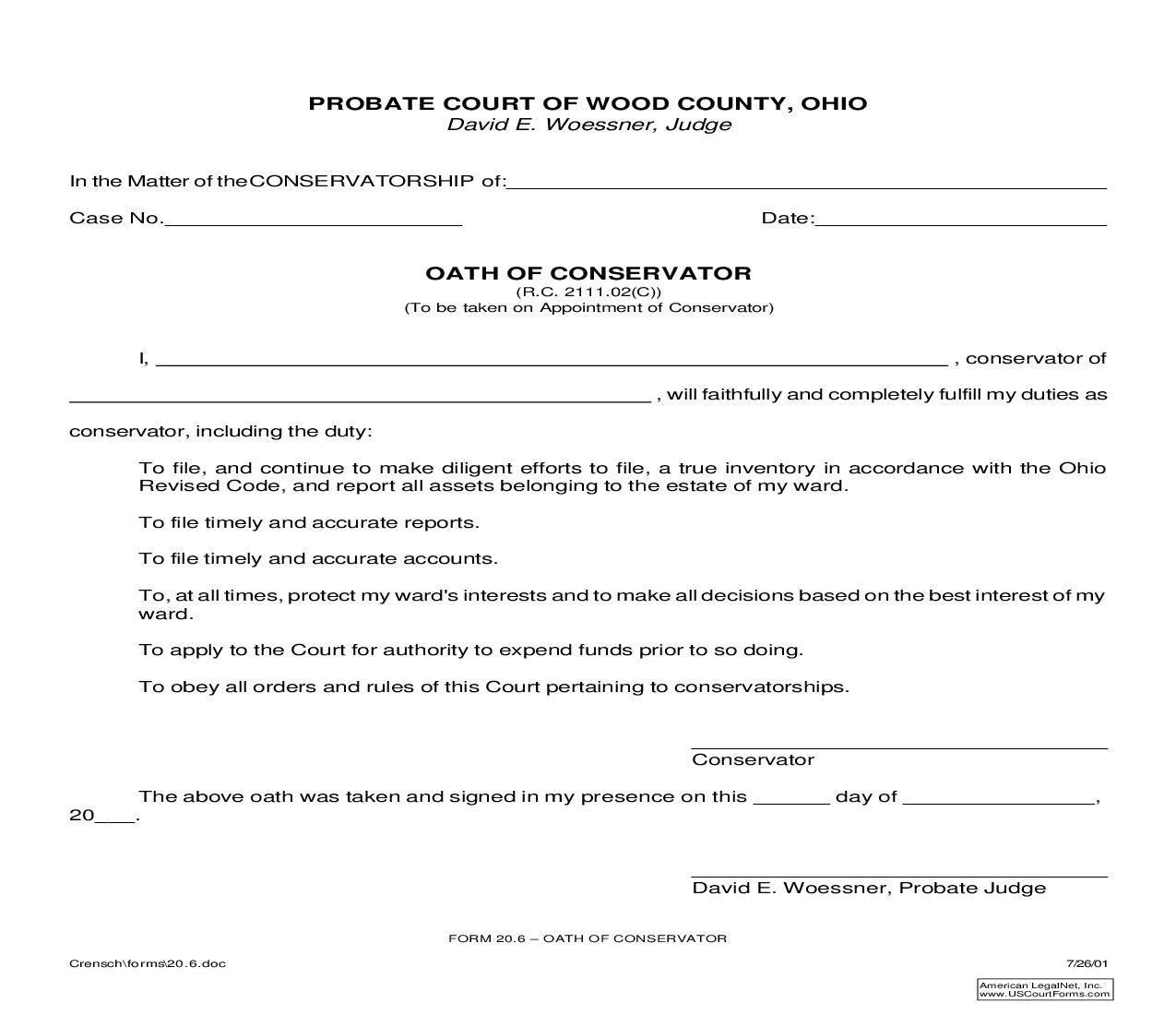 Oath Of Conservator {20.6} | Pdf Fpdf Doc Docx | Ohio