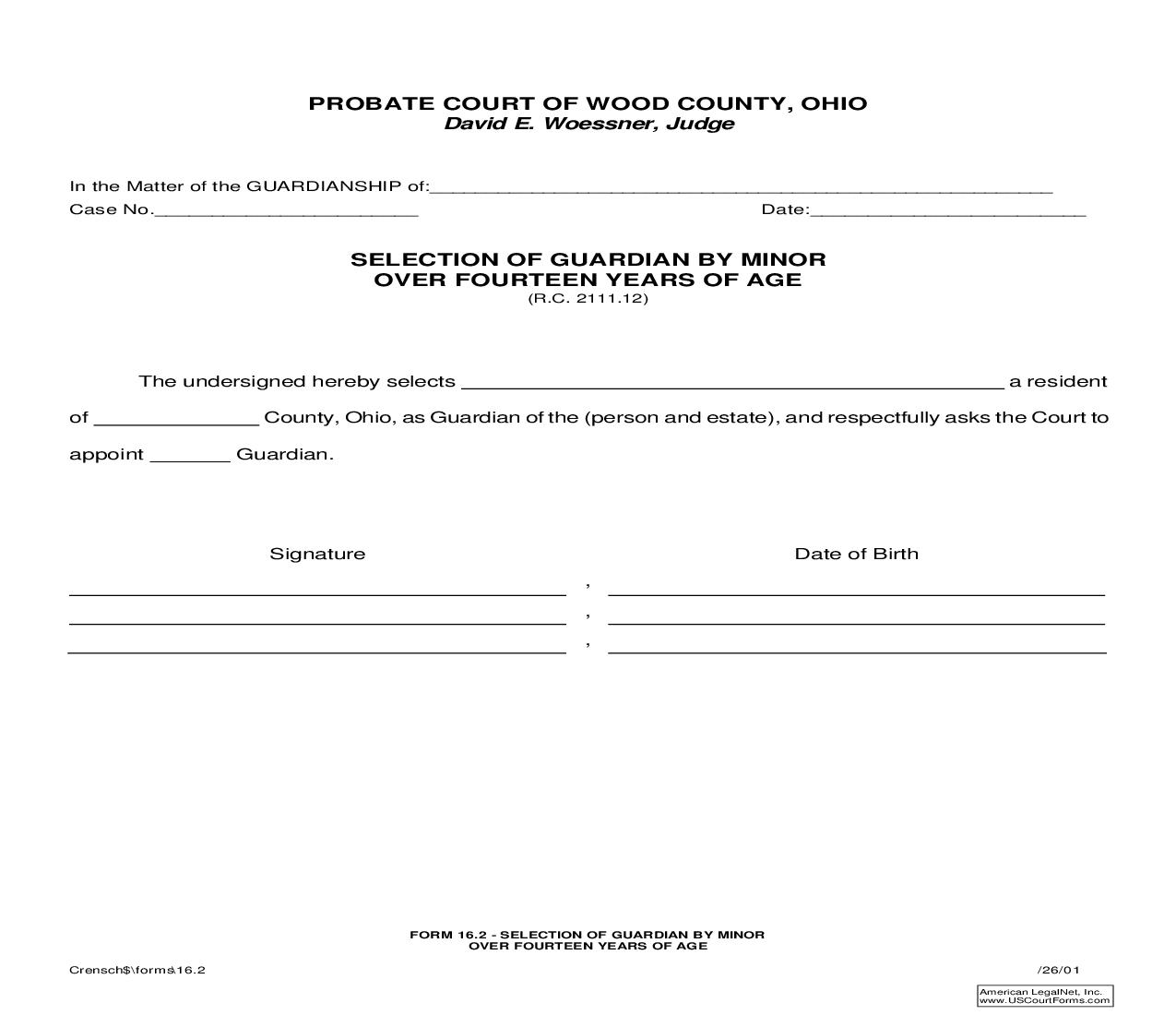 Selection Of Guardian By Minor Over Fourteen Years Of Age {16.2} | Pdf Fpdf Doc Docx | Ohio