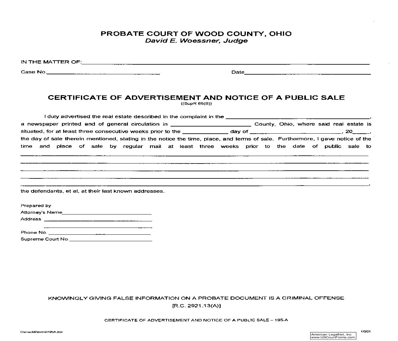 Certificate Of Advertisement And Notice Of A Public Sale {195A} | Pdf Fpdf Doc Docx | Ohio