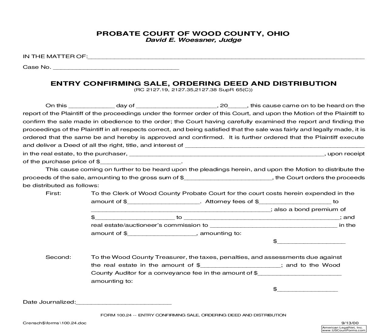 Entry Confirming Sale Ordering Deed And Distribution {100.24} | Pdf Fpdf Doc Docx | Ohio