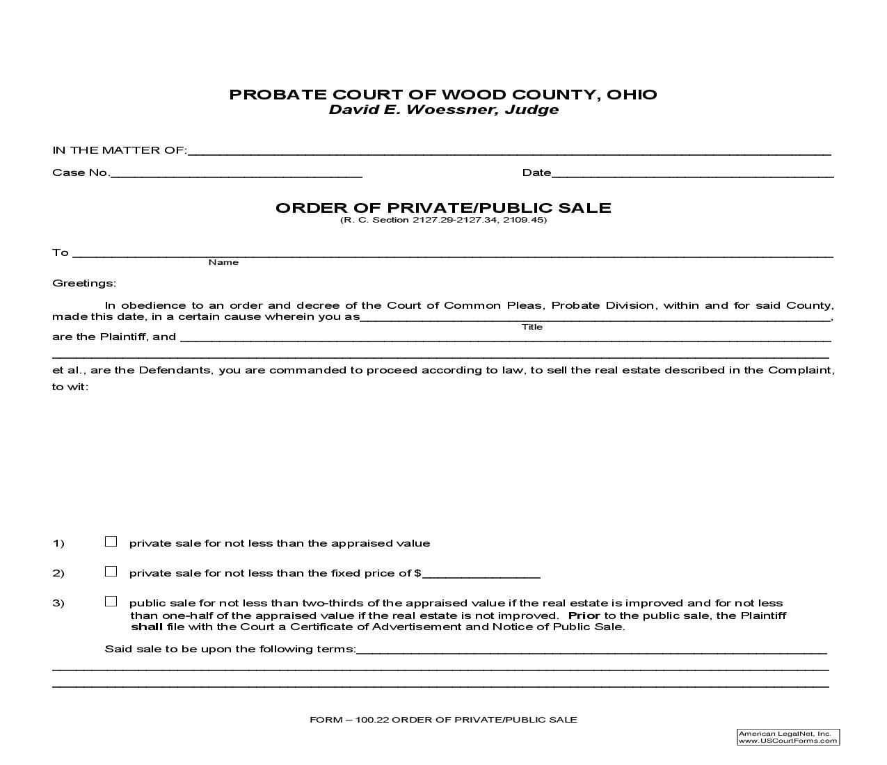 Order Of Private Public Sale {100.22} | Pdf Fpdf Doc Docx | Ohio