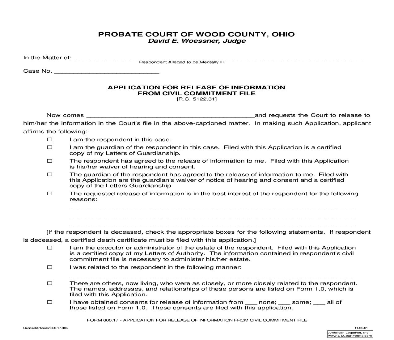 Application For Release Of Information From Civil Commitment File {600.17} | Pdf Fpdf Doc Docx | Ohio