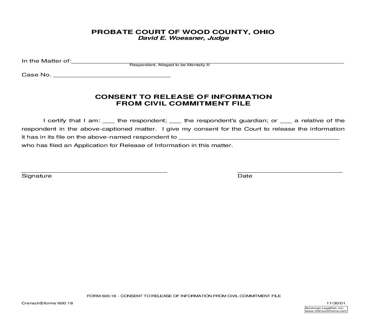 Consent To Release Of Information From Civil Commitment File {600.18} | Pdf Fpdf Doc Docx | Ohio