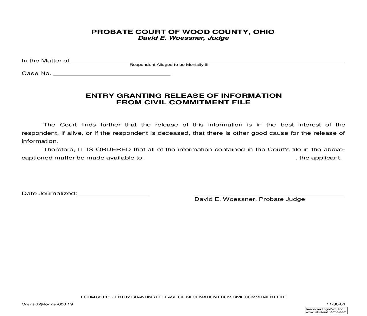 Entry Granting Release Of Information From Civil Commitment File {600.19} | Pdf Fpdf Doc Docx | Ohio