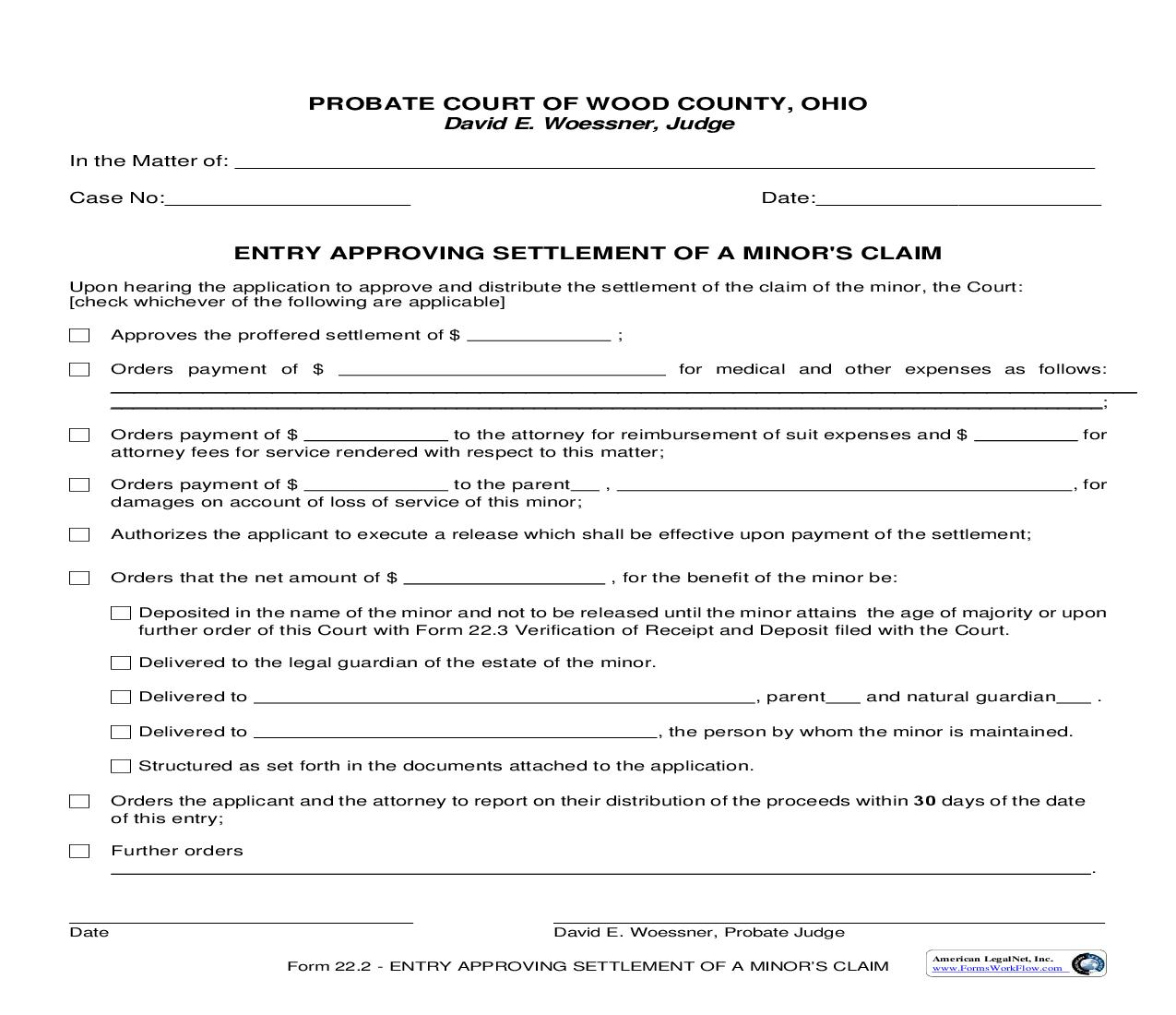 Entry Approving Settlement Of A Minors Claim {22.2} | Pdf Fpdf Doc Docx | Ohio