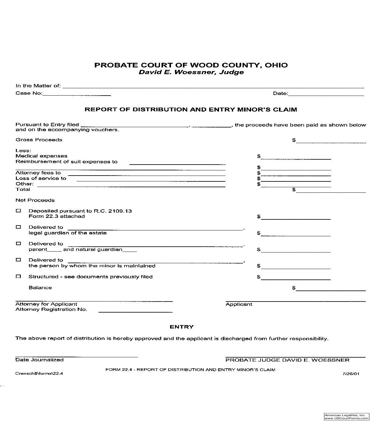 Report Of Distribution And Entry Minors Claim {22.4} | Pdf Fpdf Doc Docx | Ohio
