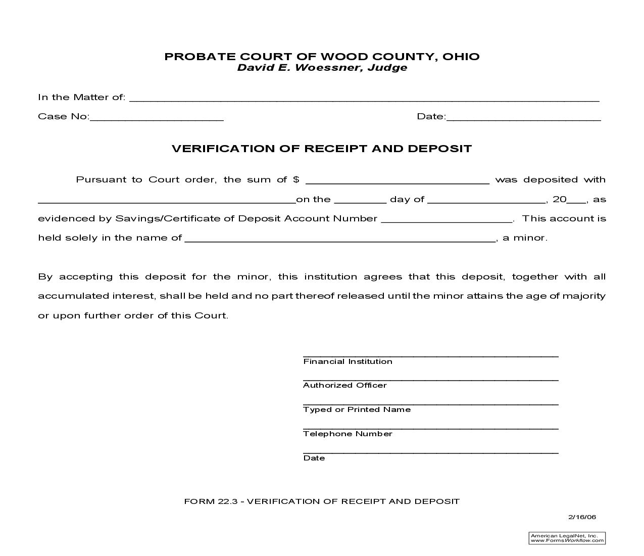 Verification Of Receipt And Deposit {22.3} | Pdf Fpdf Doc Docx | Ohio